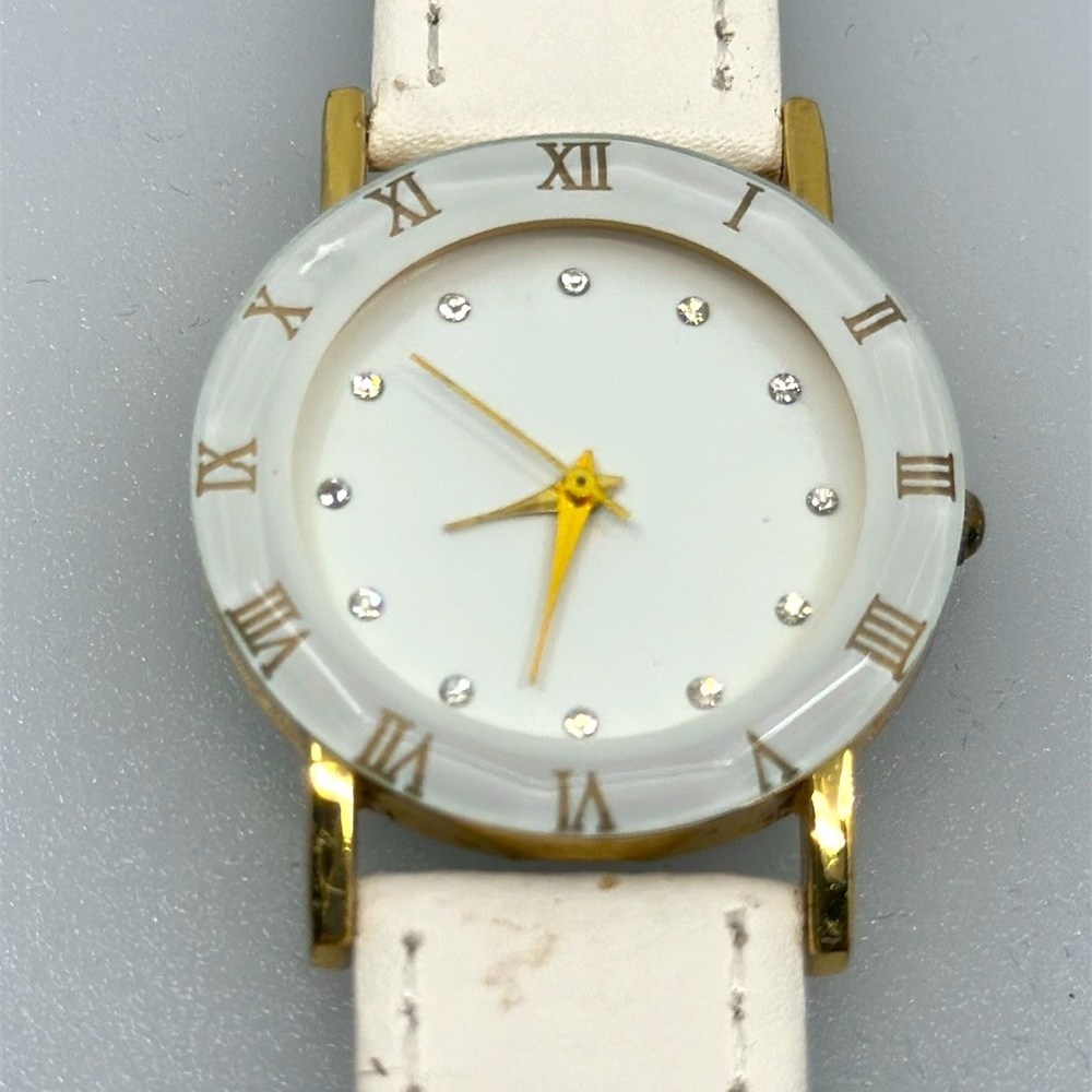 accutime rhinestones genuine leather watch